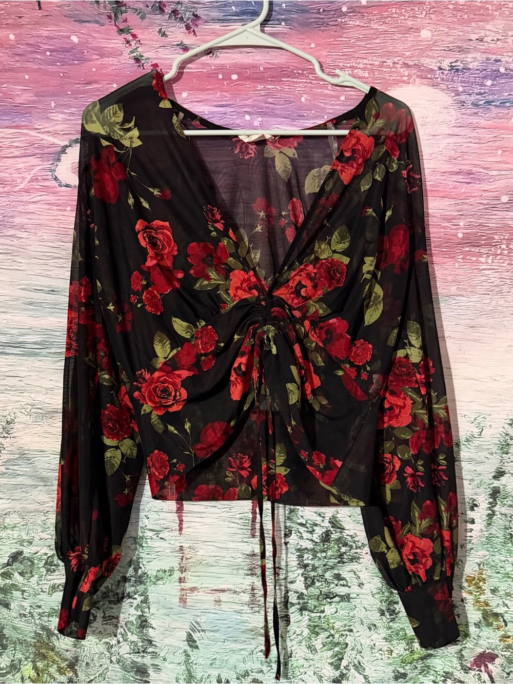 Ruched Tie-Front Sheer Blouse with Red Rose Print - Black